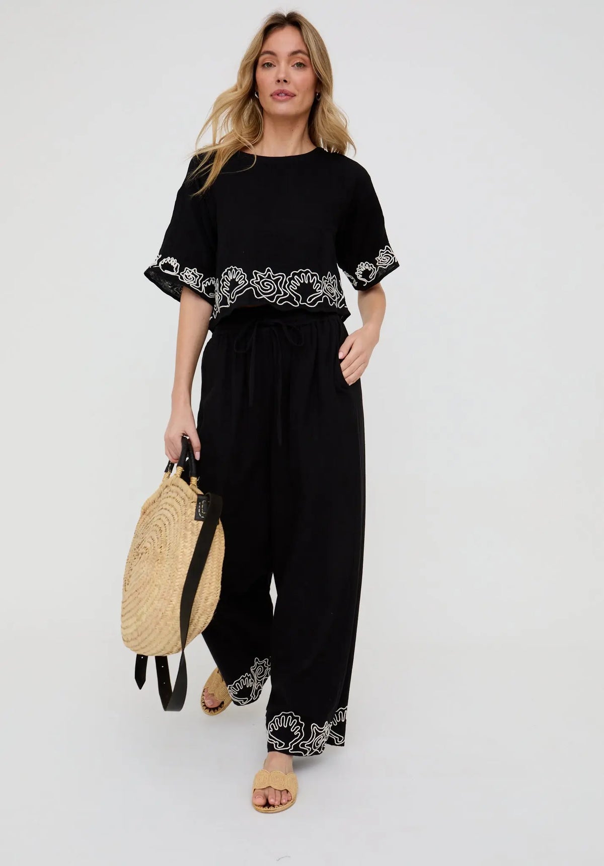 Milly Wide Leg Embroidered Trouser In Black Raffya