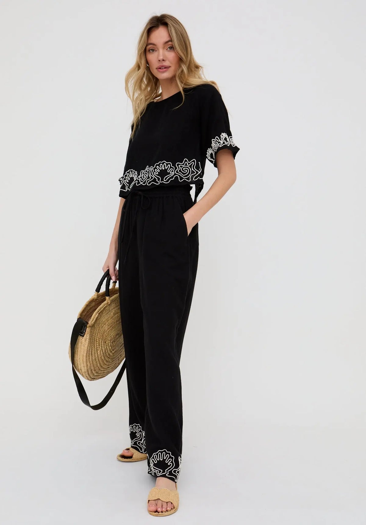 Milly Wide Leg Embroidered Trouser In Black Raffya