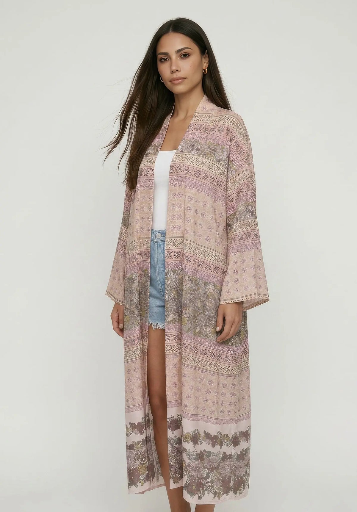 Misty Floral Print Kimono In Pink Raffya