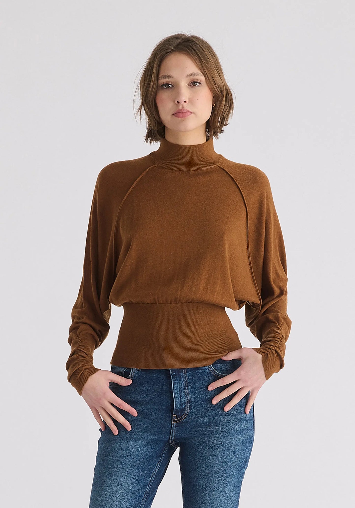 Mock Neck Batwing Jumper With Ruched Cuffs Paisie