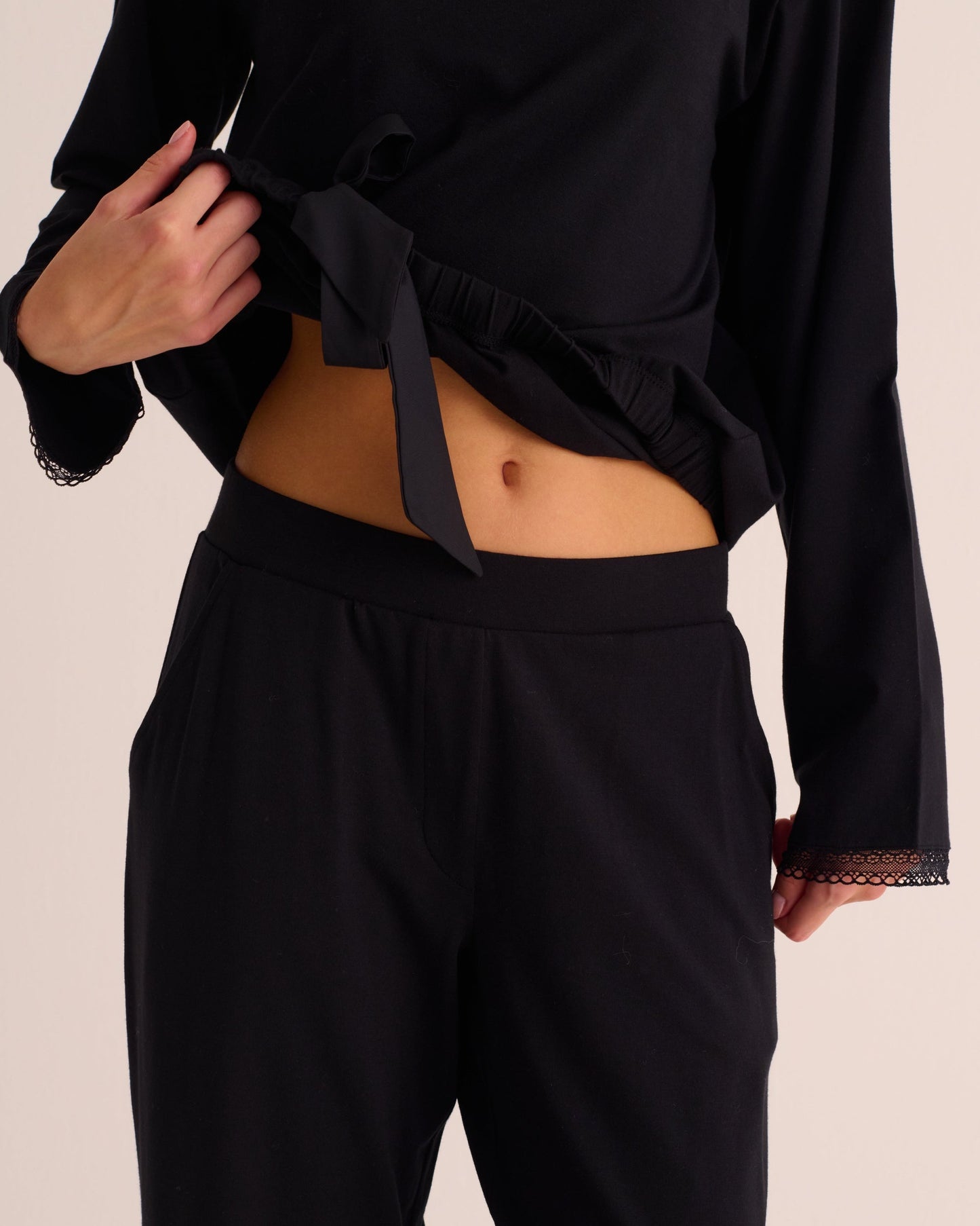 Black Modal Pyjama Set with Lace Trim MAMU Dream