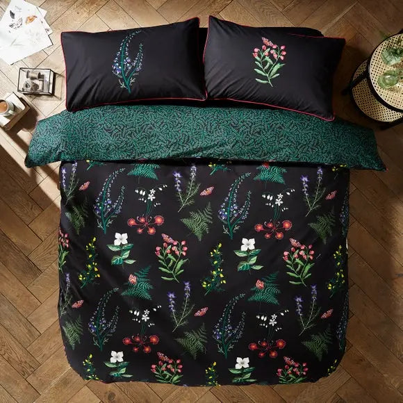Moorland Flora Black Duvet Cover and Pillowcase Set Dunelm