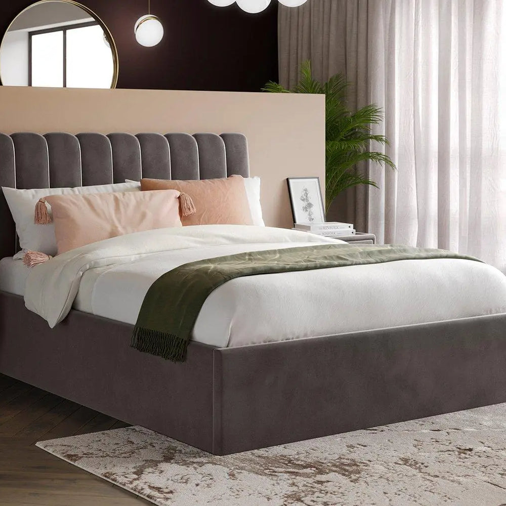 Mount Velvet-Finish Ottoman Bed Frame - Grey Dreams