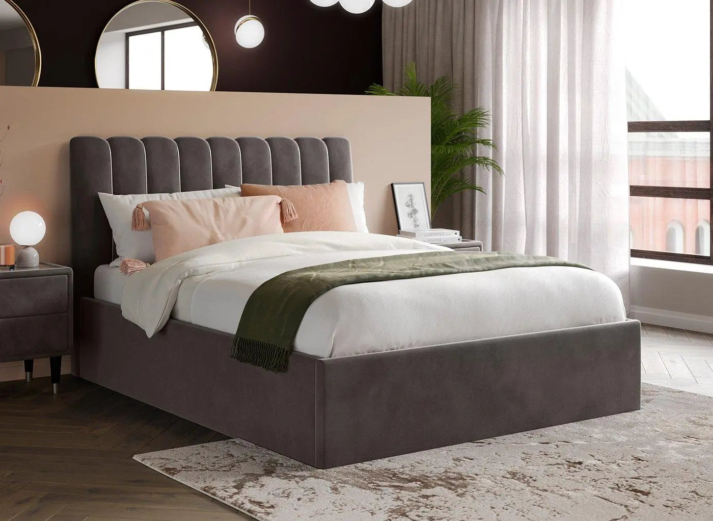 Mount Velvet-Finish Ottoman Bed Frame - Grey Dreams