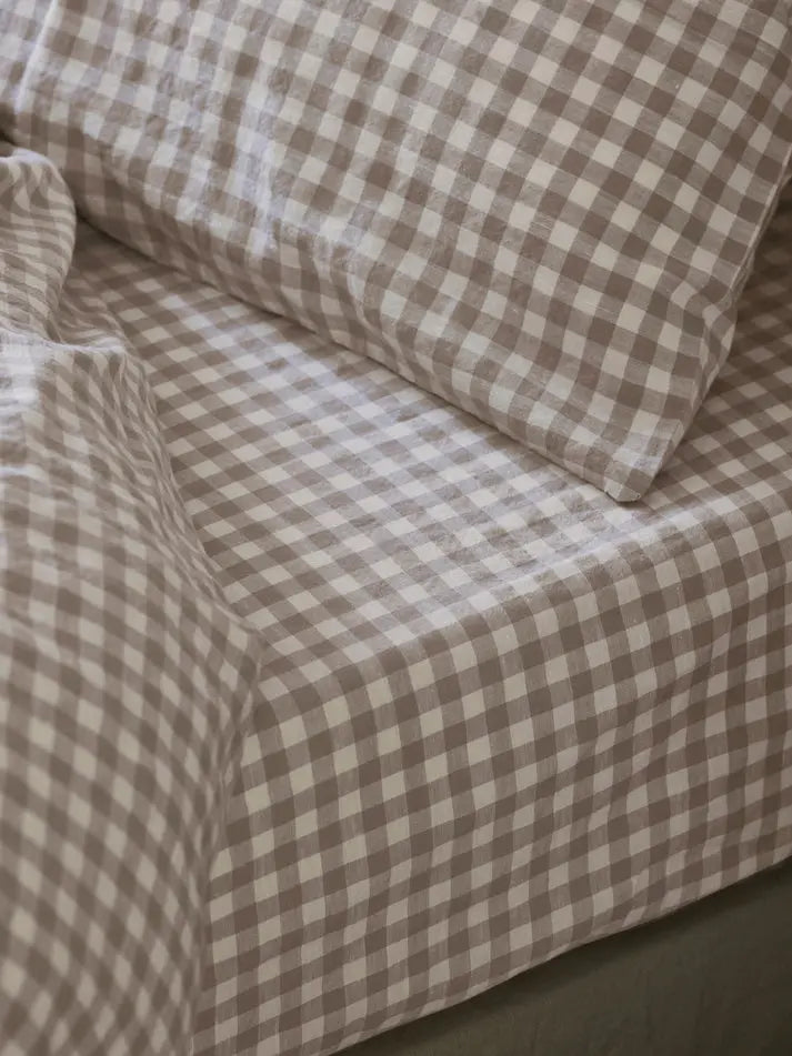 Mushroom Gingham Linen Blend Fitted Sheet Piglet