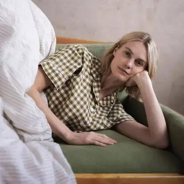 Warm Blue Gingham Linen Blend Women's Pyjama Short Set Piglet