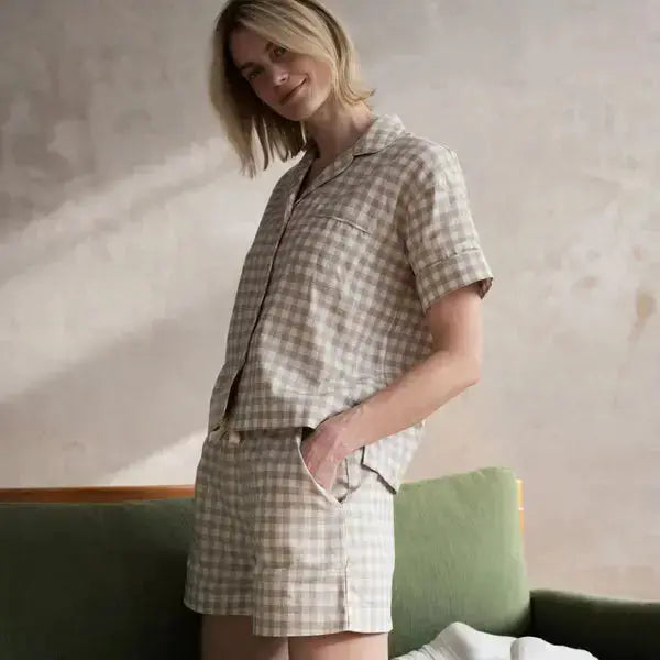 Botanical Green Gingham Linen Blend Women's Pyjama Short Set Piglet