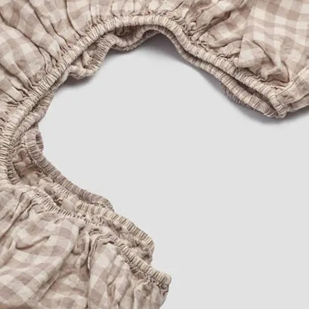 Mushroom Gingham Linen Fitted Sheet Piglet