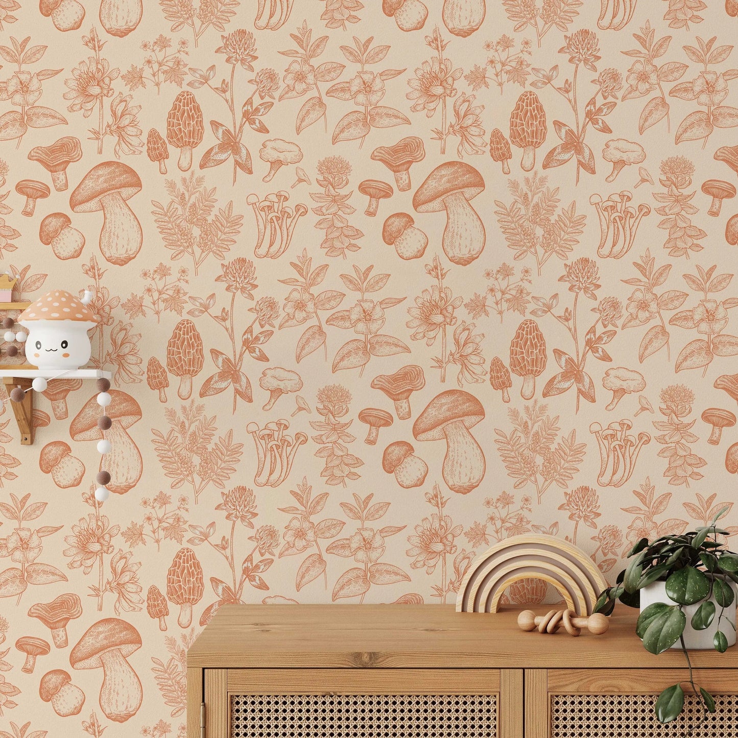 Mushroom Wallpaper | Orange Wallpaper | Mid Century Modern Wallpaper | Kids Mushroom Peel and Stick Wallpaper | Vintage Wallpaper ClickWalls