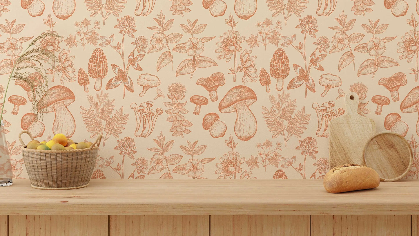 Mushroom Wallpaper | Orange Wallpaper | Mid Century Modern Wallpaper | Kids Mushroom Peel and Stick Wallpaper | Vintage Wallpaper ClickWalls
