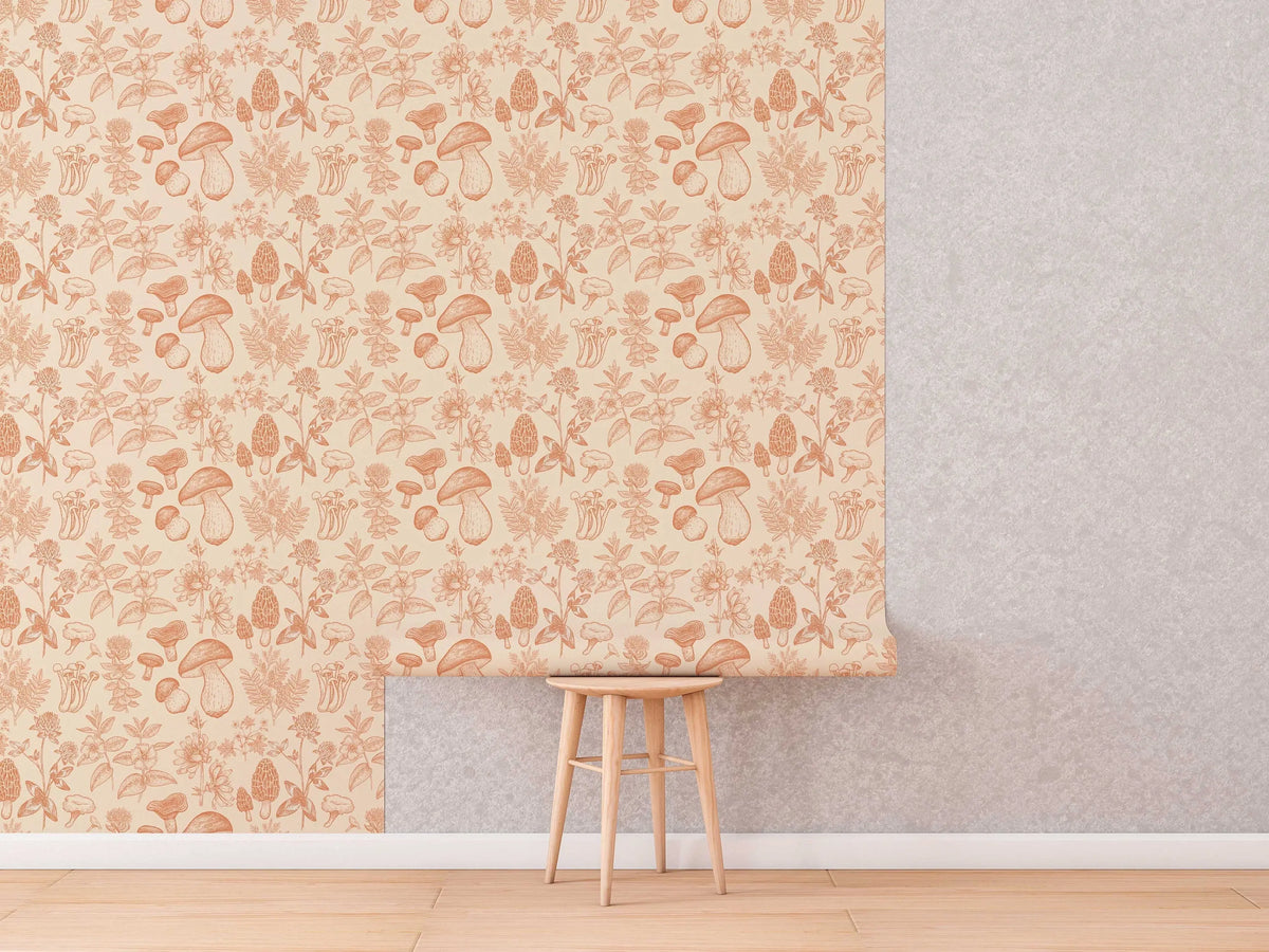 Mushroom Wallpaper | Orange Wallpaper | Mid Century Modern Wallpaper | Kids Mushroom Peel and Stick Wallpaper | Vintage Wallpaper ClickWalls
