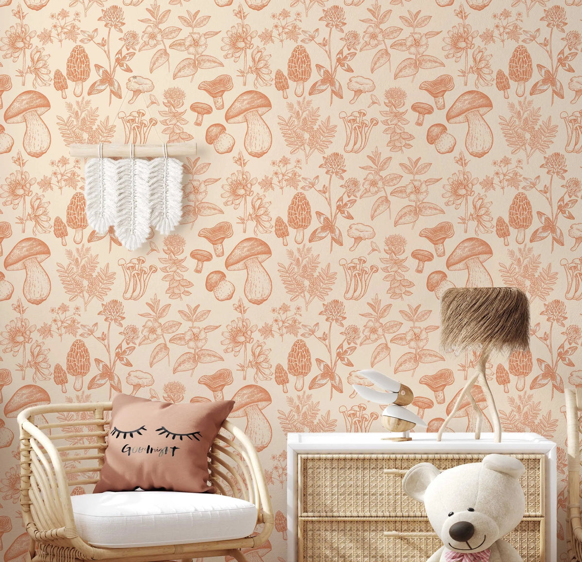 Mushroom Wallpaper | Orange Wallpaper | Mid Century Modern Wallpaper | Kids Mushroom Peel and Stick Wallpaper | Vintage Wallpaper ClickWalls