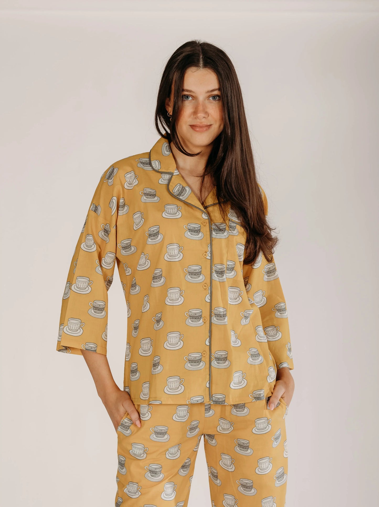 Mustard Chai Print Pyjamas Naree Clothing