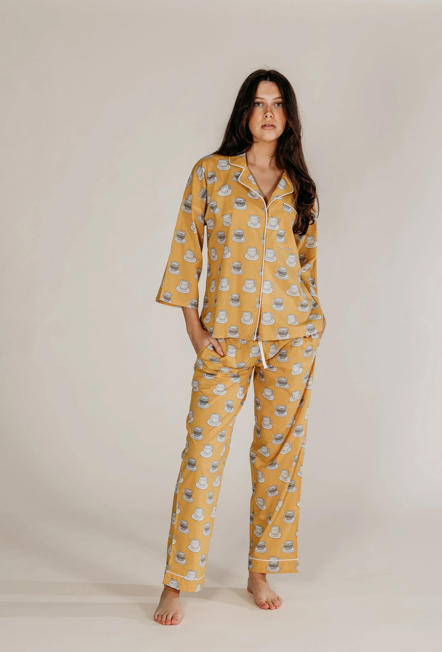 Mustard Chai Print Pyjamas Naree Clothing