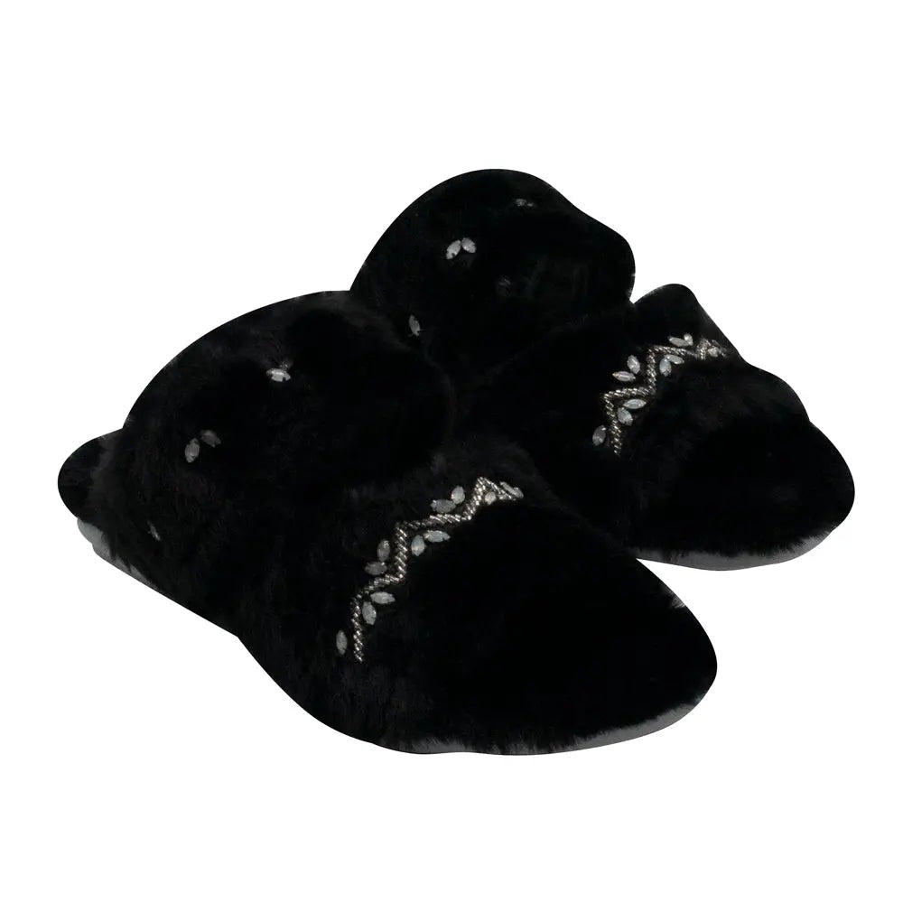 Myla Black Luxury Plush Diamanté Embellished Handmade Slipper Rettrose