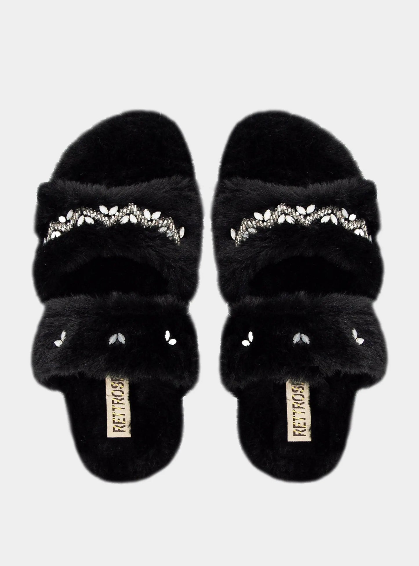 Myla Black Luxury Plush Diamanté Embellished Handmade Slipper Rettrose