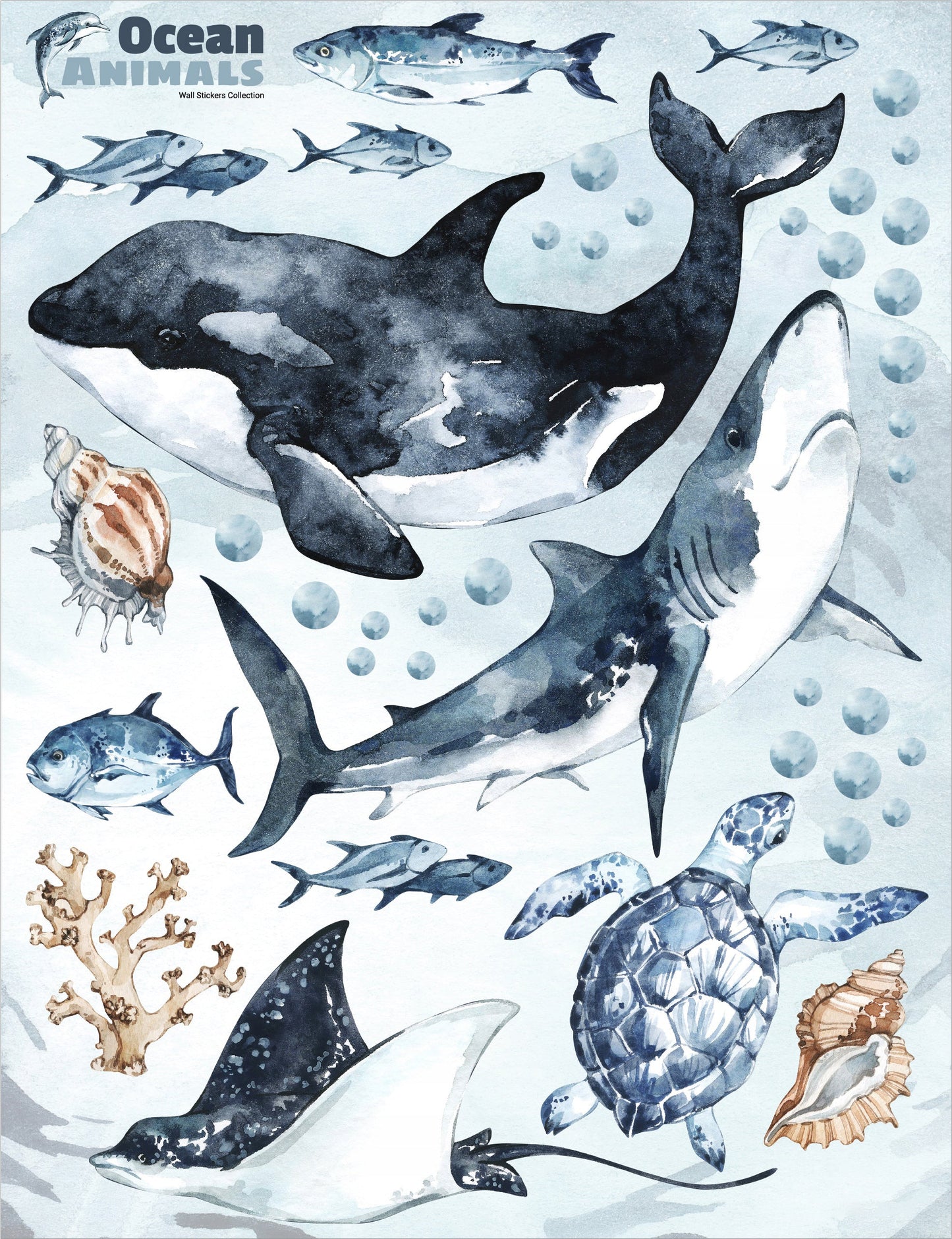 Ocean Predators Decal Set - Orca, Great White Shark, Stingray + More - Watercolour effect stickers ClickWalls