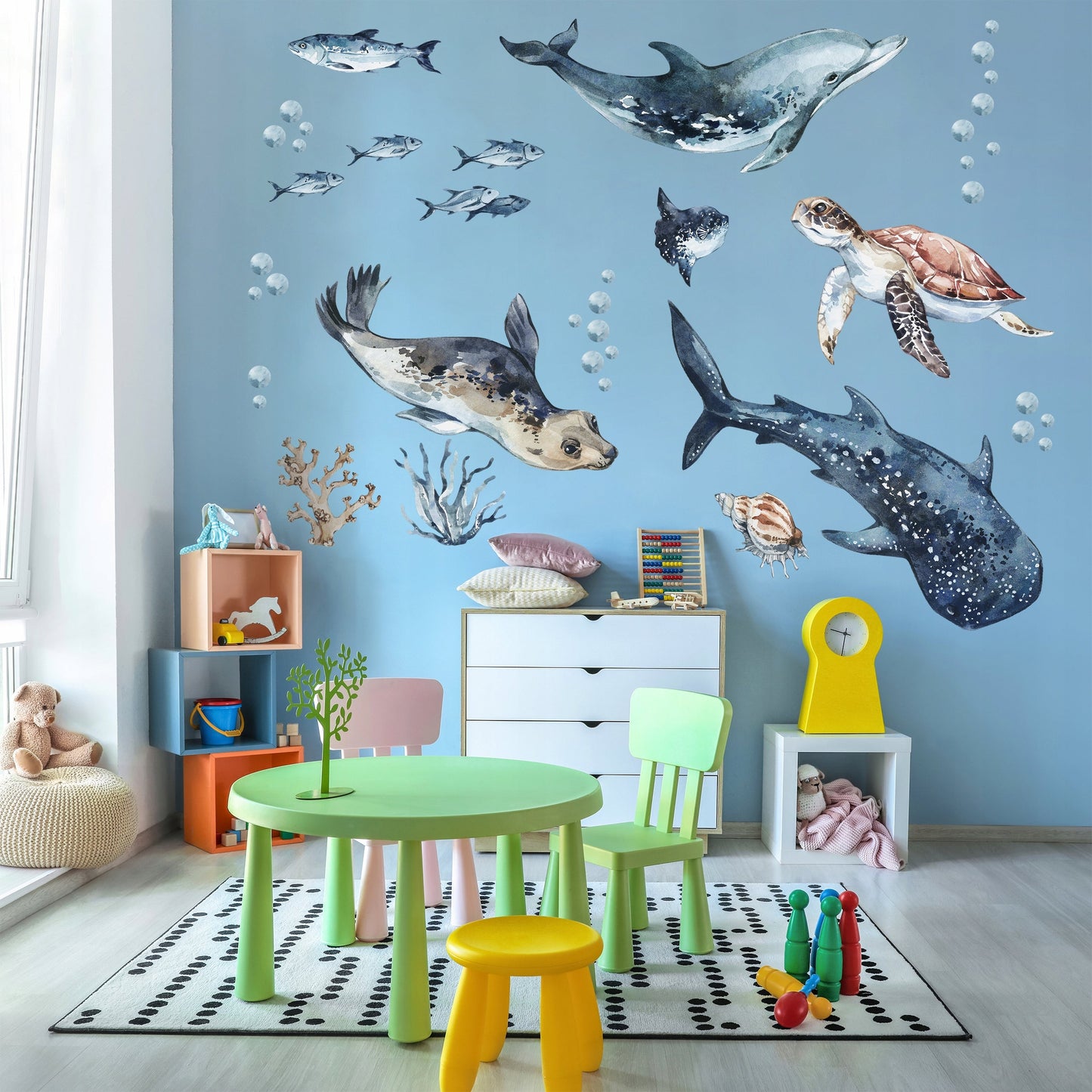 Sea Animals Variety Decal Set - Ocean Theme - Watercolour effect Dolphin, Shark, Turtle & Seal + more ClickWalls