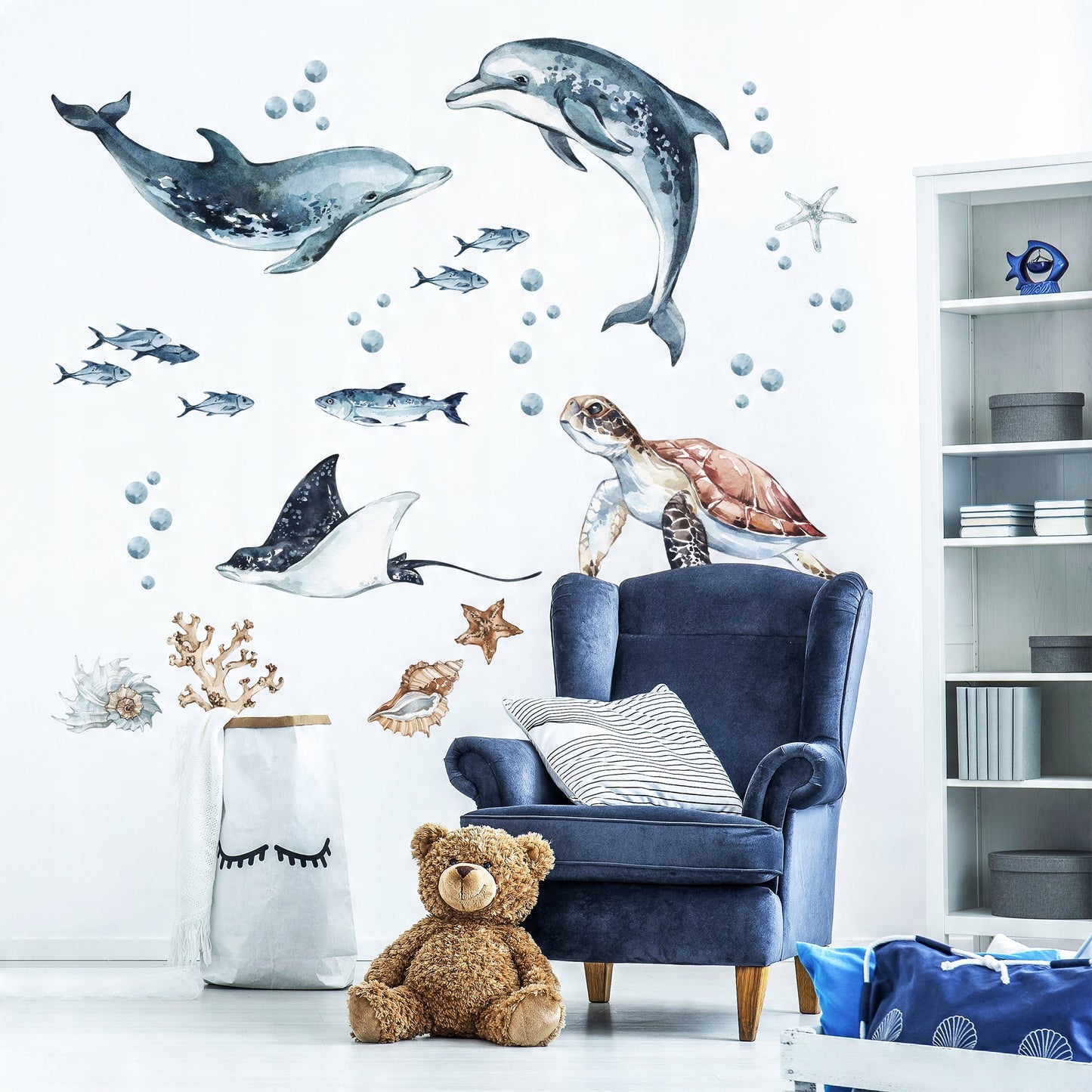 Dolphins & Turtle Decal Set - Ocean Theme - Watercolour Effect Stickers ClickWalls