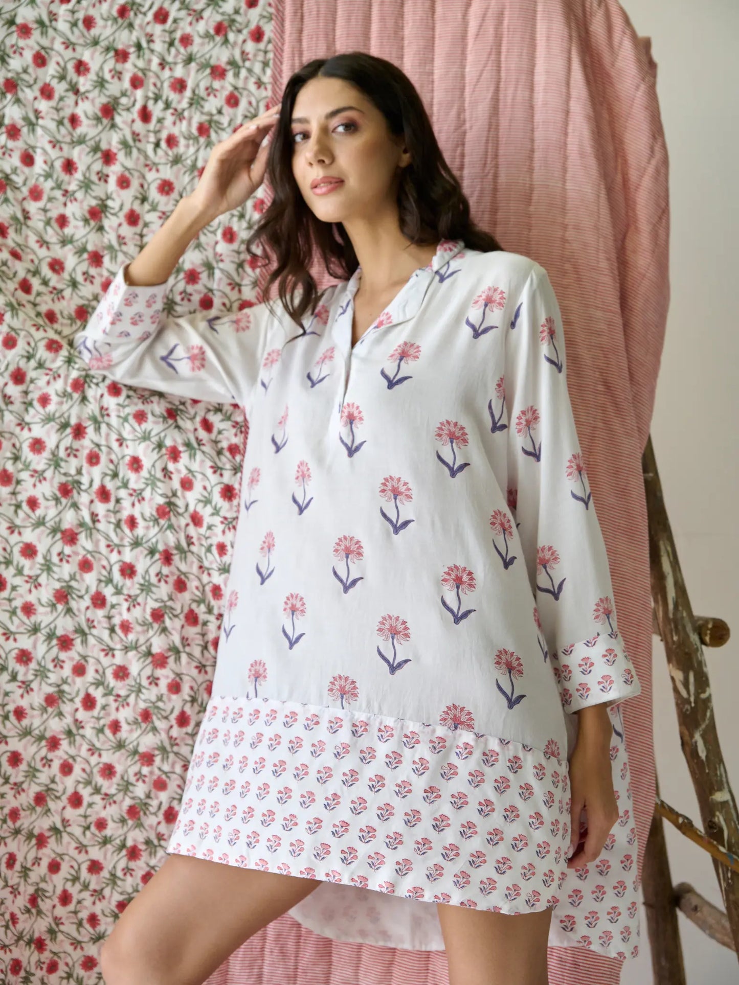 Nancy Night / Beach Shirt in Pink and Blue Kapara London