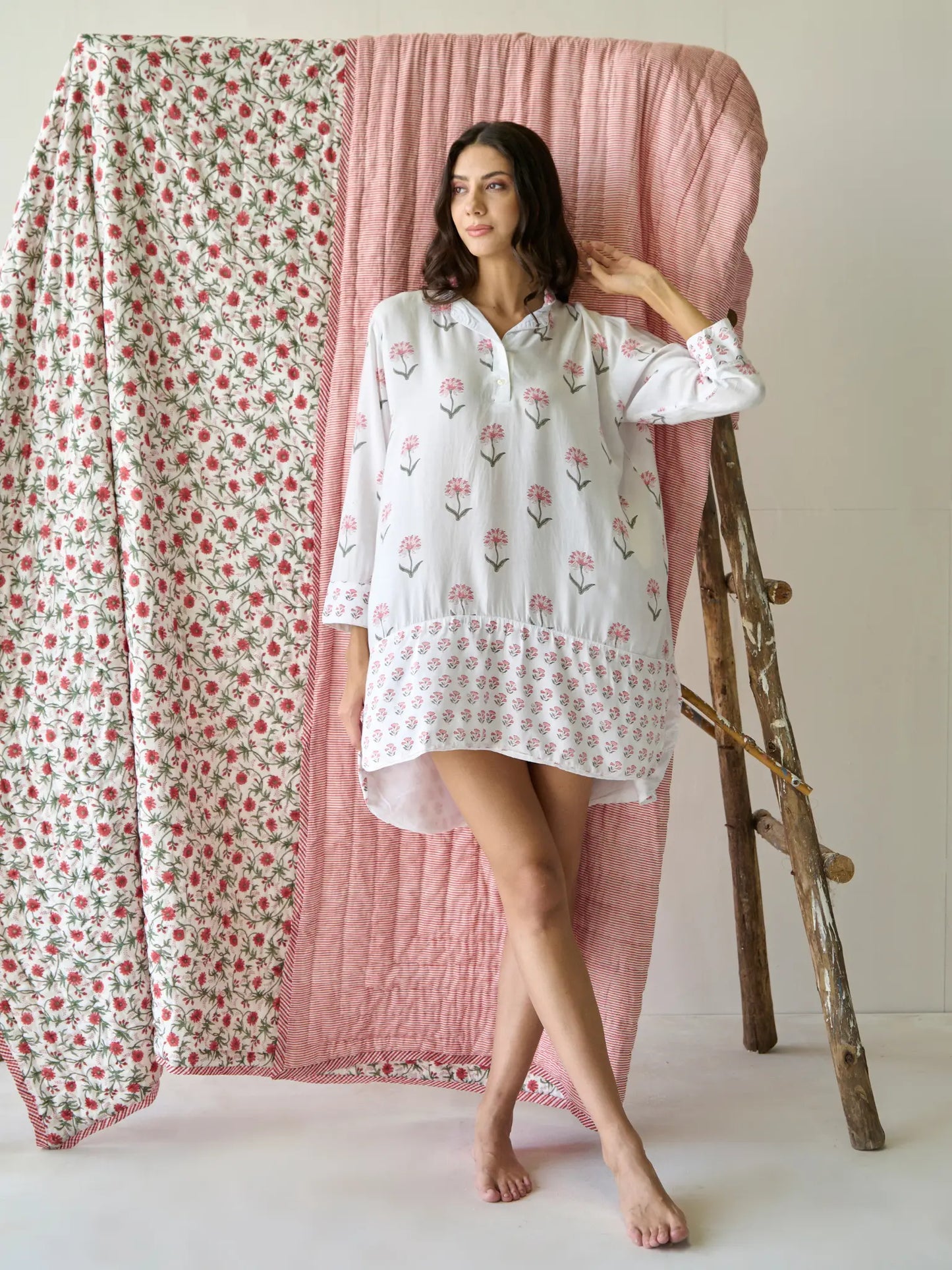Nancy Night / Beach Shirt in Pink and Green Kapara London