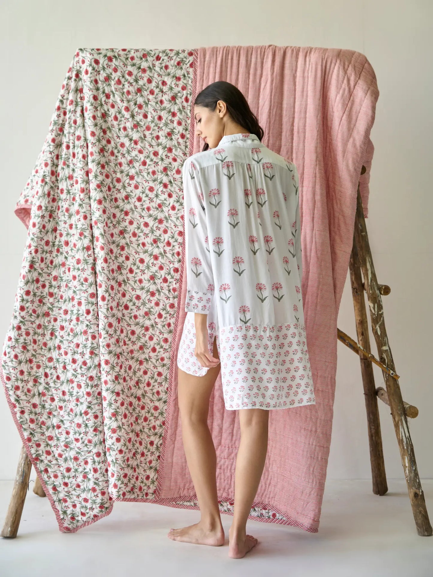 Nancy Night / Beach Shirt in Pink and Green Kapara London