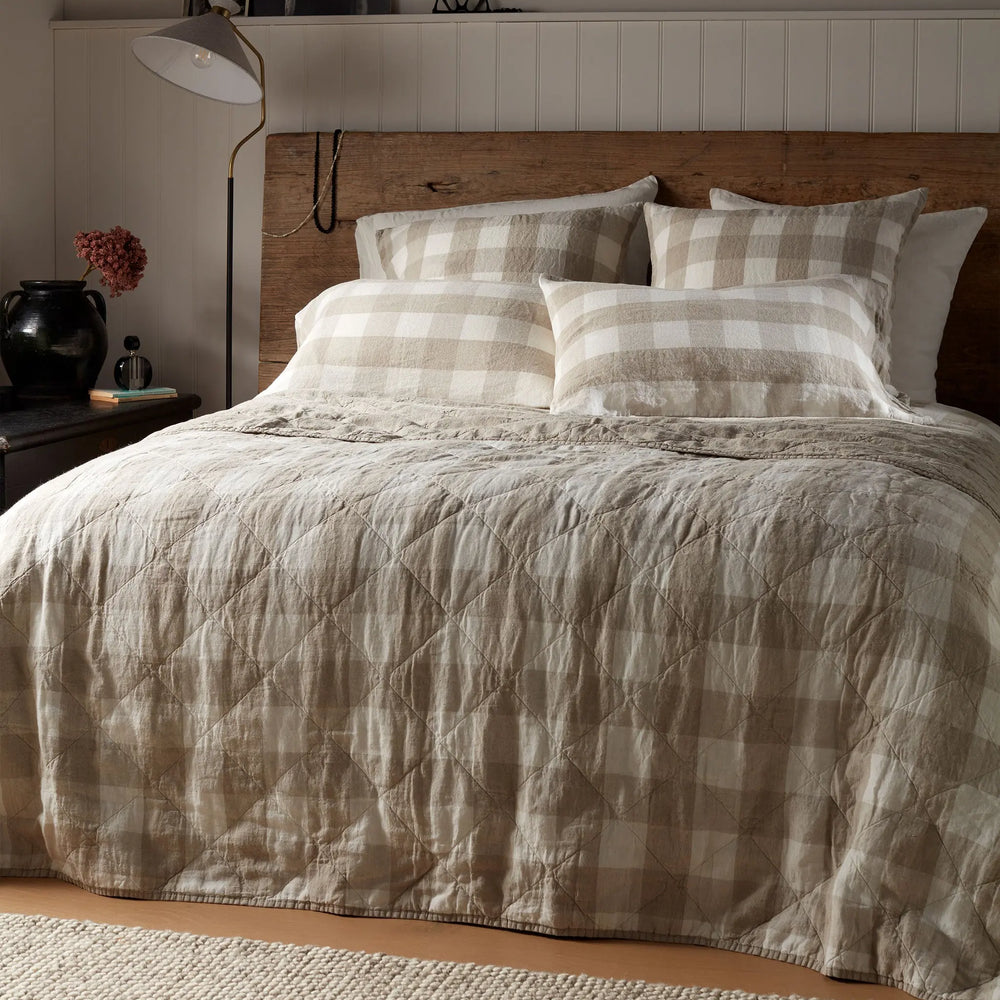 Natural Gracie Gingham Linen Quilted Throw The Secret Linen Store