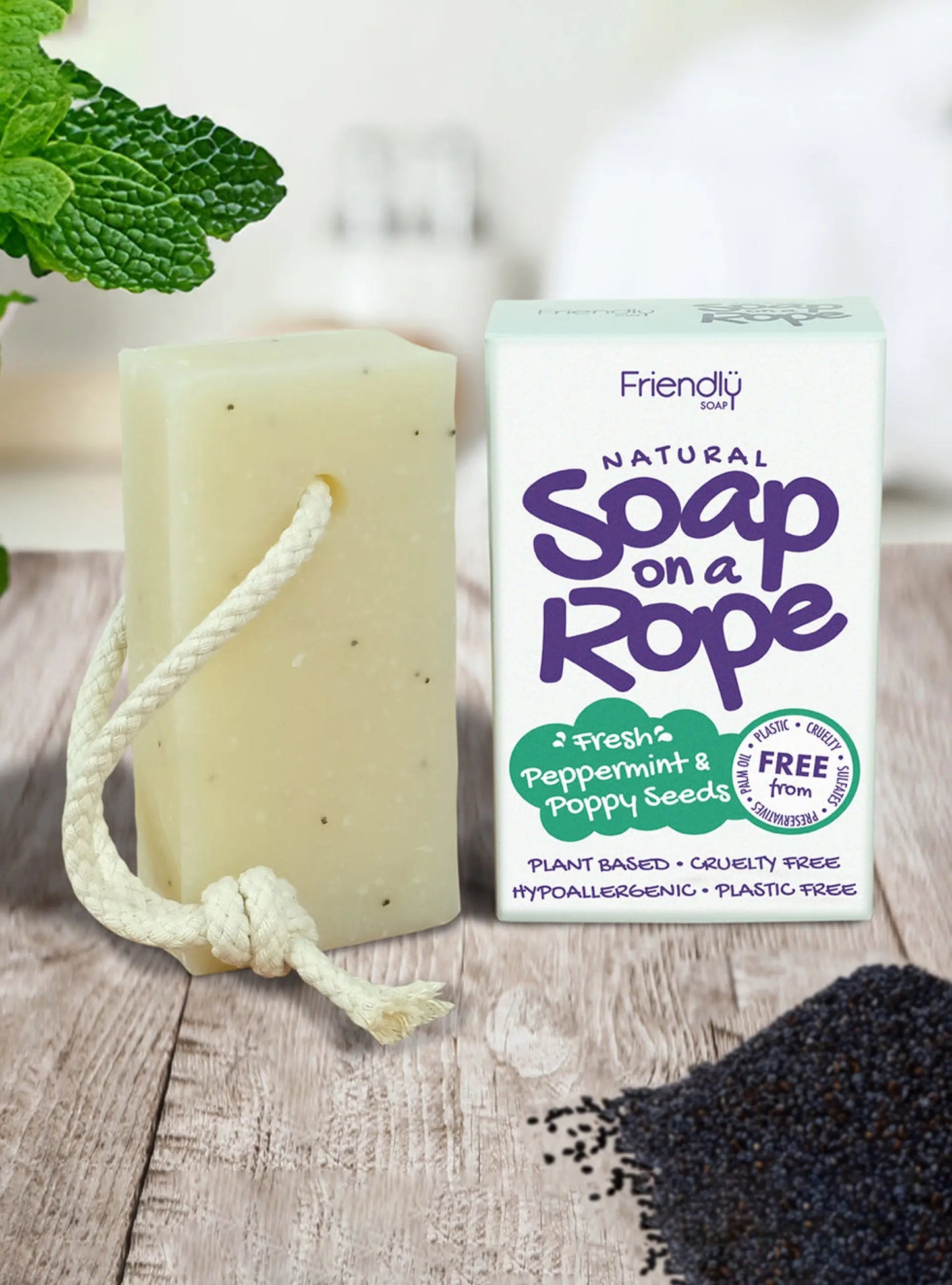 Natural Soap On A Rope - 'Fresh' Peppermint & Poppyseeds 125g Friendly Soap