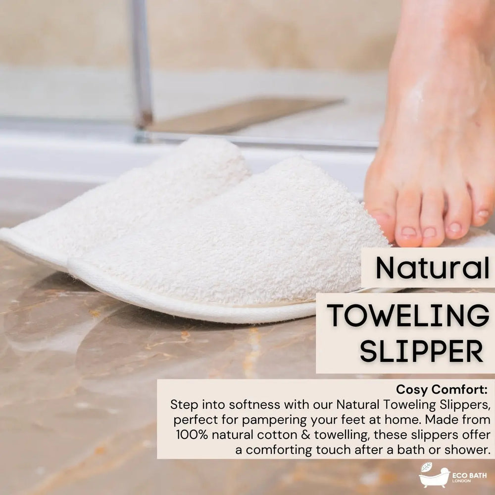 Natural Toweling Slippers - Luxury 100% Organic Cotton Indoor Slippers for Bath and Home Eco Bath London