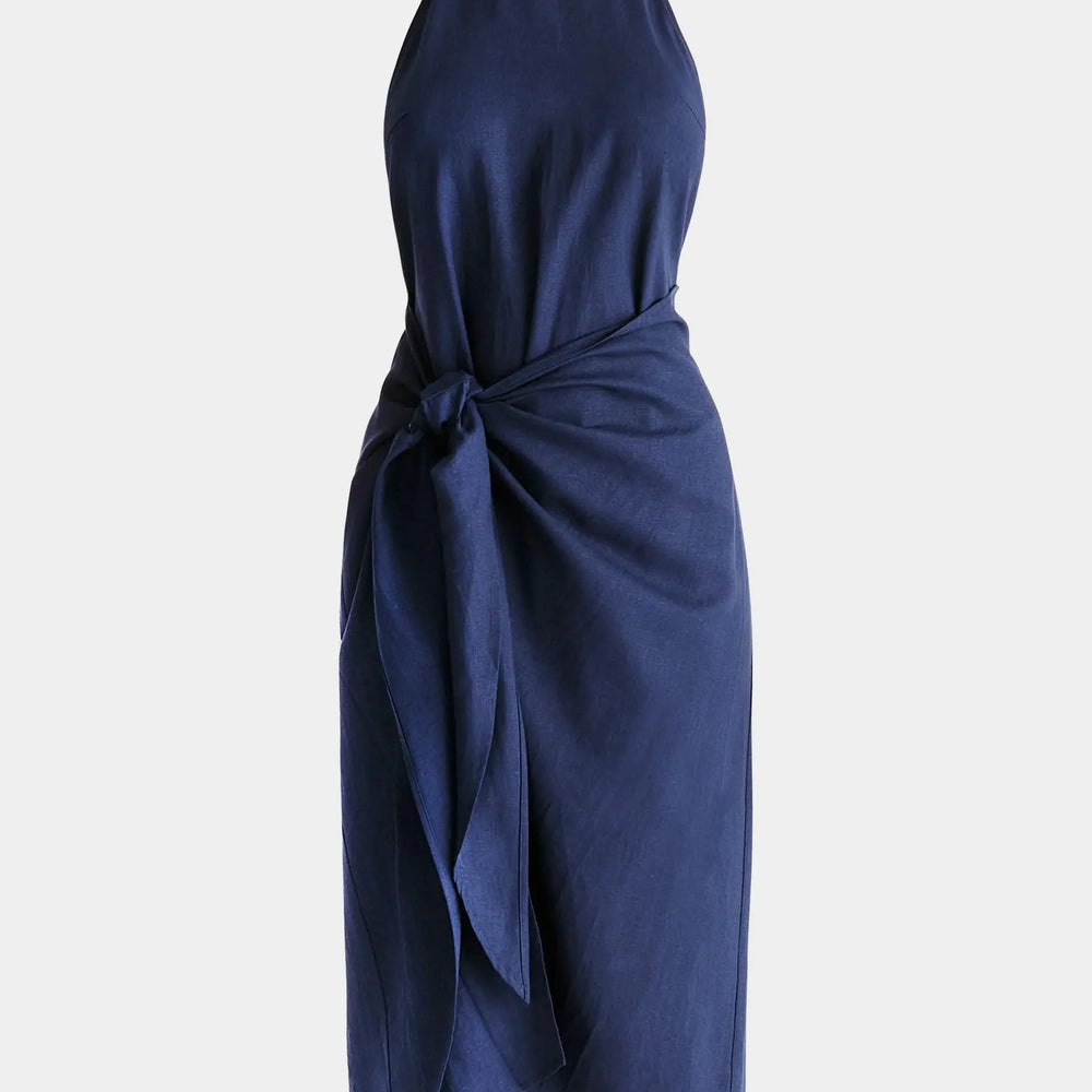Navy Asymmetric Neck Midi Dress Paisie