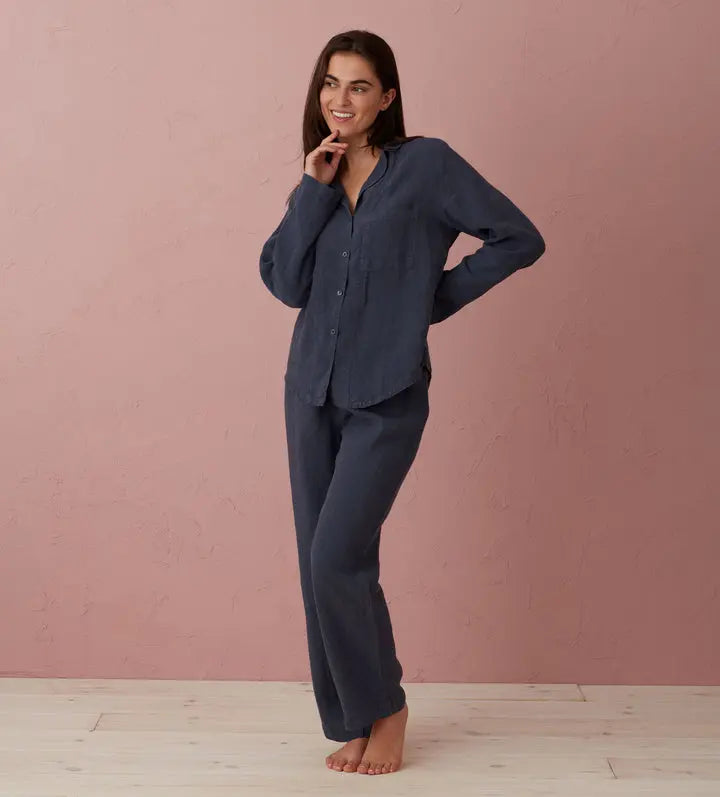 Navy Blue Tilly 100% Linen Pyjama Bottoms The Secret Linen Store