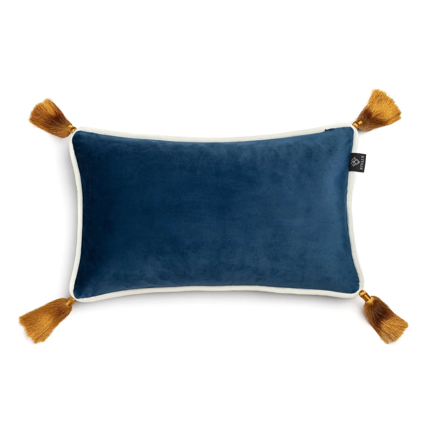 Navy Blue Velvet Rectangular Cushion With Ochre Tassels Bivain