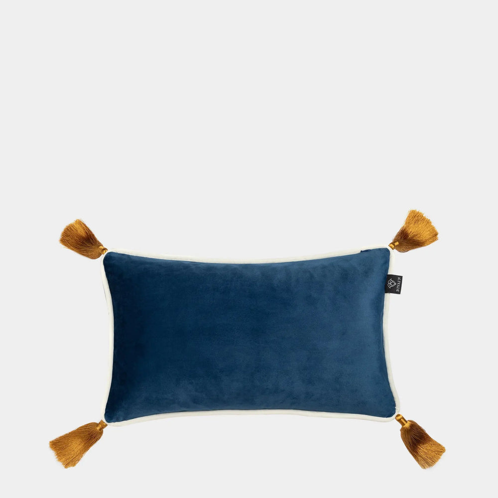 Navy Blue Velvet Rectangular Cushion With Ochre Tassels Bivain