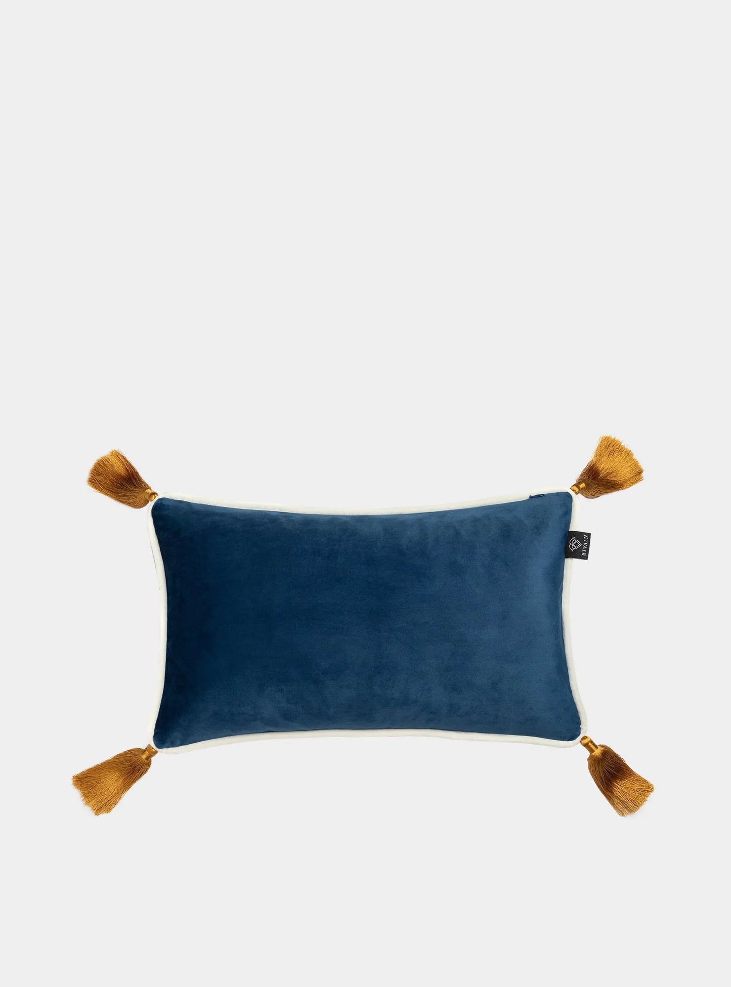 Navy Blue Velvet Rectangular Cushion With Ochre Tassels Bivain