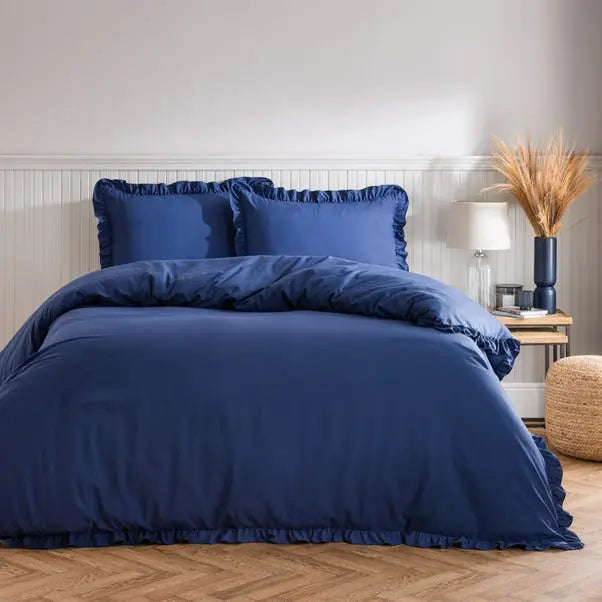 Navy Briona Frilled Edge Duvet Cover & Pillowcase Set Dunelm