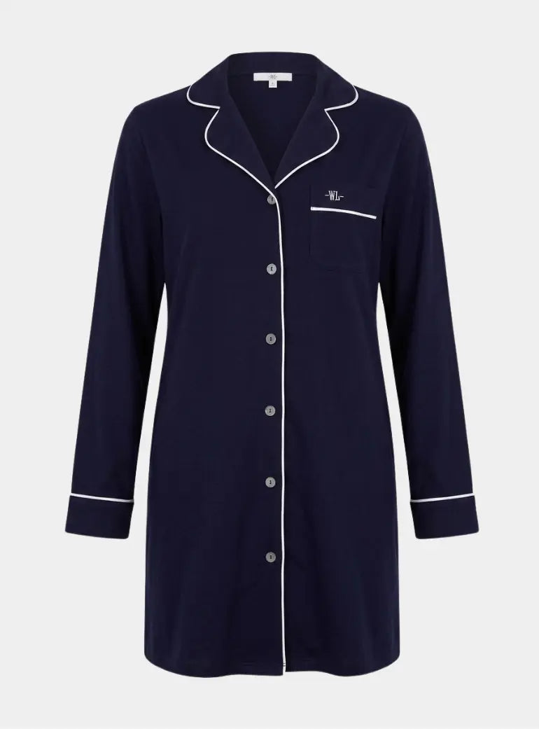 Navy Flannel with White Piping Women's Sleep Shirt Woodstock Laundry