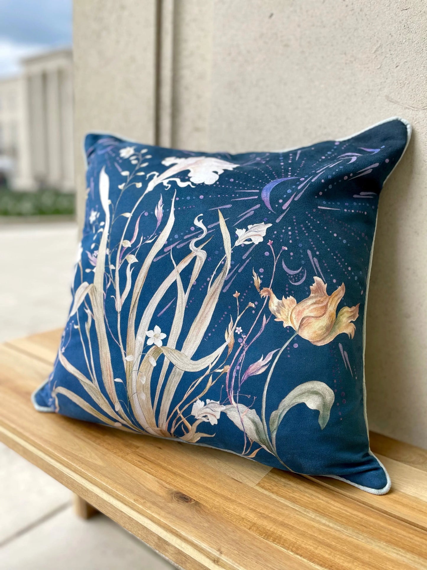 Navy Floral watercolour art Cushion 'Midnight' double sided design, made from Vegan friendly Suede Alice Acreman Silks