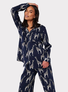 Navy Giraffe Maternity Print Organic Cotton Long Pyjama Set Chelsea Peers