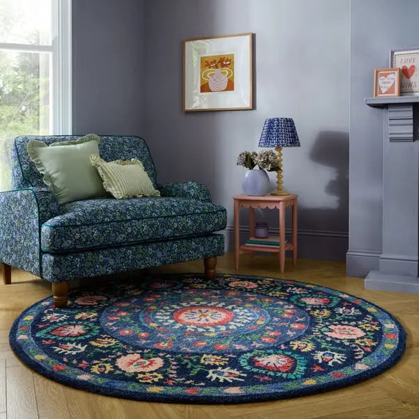 Navy Hani Floral Washable Rug Dunelm
