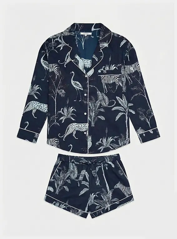 Navy Jungle Women's Long Sleeve Organic Cotton Pyjama Short Set Myza