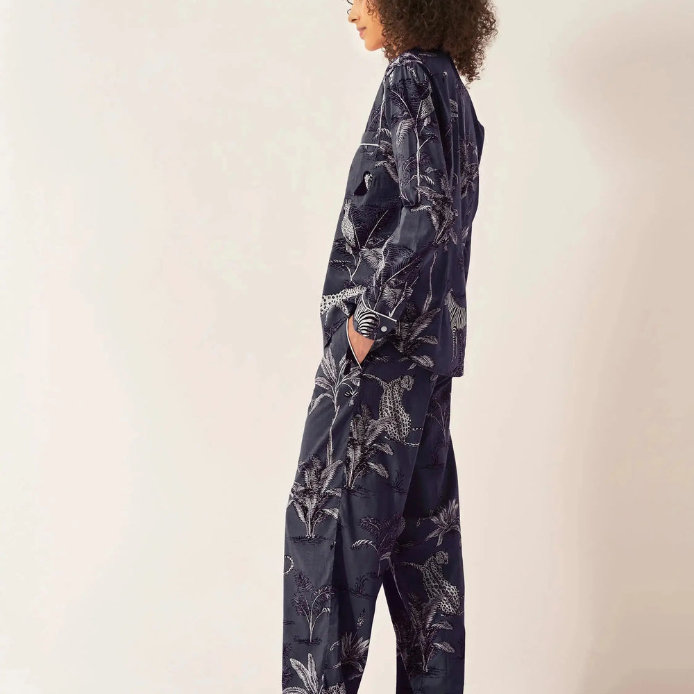 Navy Botanical Jungle Women's Long Sleeve Organic Cotton Pyjama Trouser Set Myza