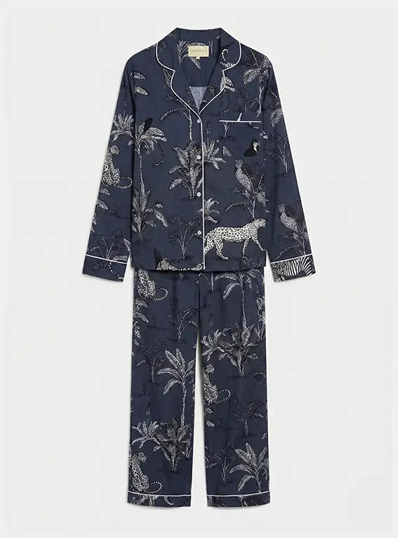 Navy Jungle Women's Long Sleeve Organic Cotton Pyjama Trouser Set Myza