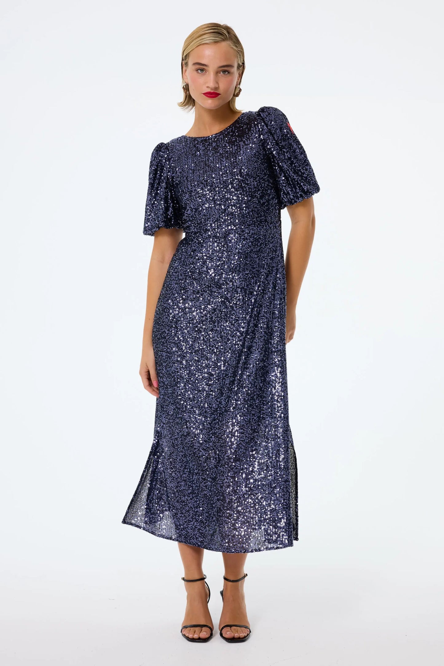 Navy Sequin Puff Sleeve Midi Dress Scamp & Dude