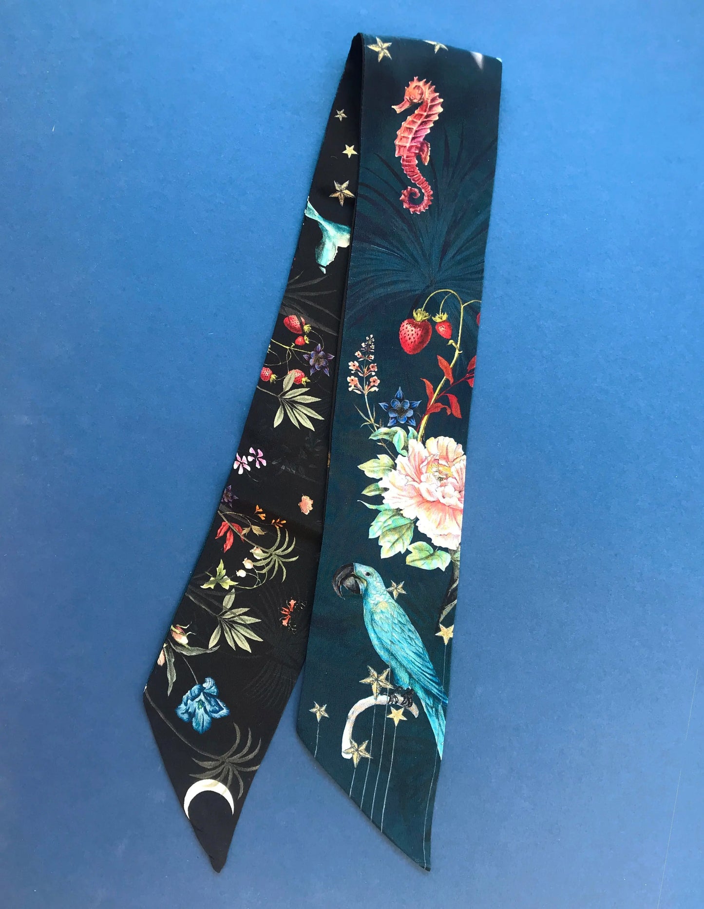 Navy 'Skinny' Silk scarf in the botanical  'Wonderous' Print, delicate, lightweight scarf accessory Alice Acreman Silks