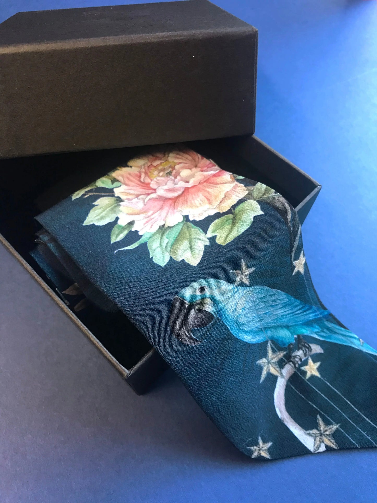 Navy 'Skinny' Silk scarf in the botanical  'Wonderous' Print, delicate, lightweight scarf accessory Alice Acreman Silks
