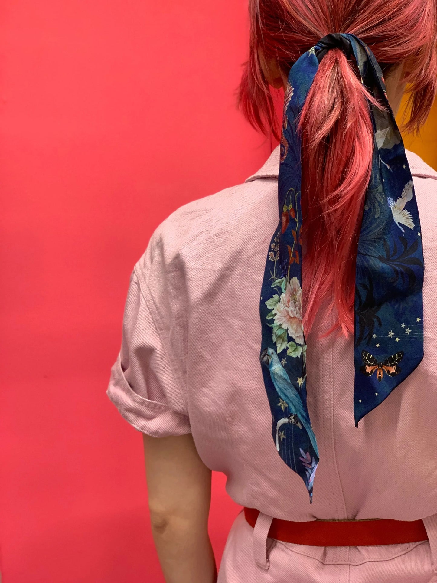 Navy 'Skinny' Silk scarf in the botanical  'Wonderous' Print, delicate, lightweight scarf accessory Alice Acreman Silks