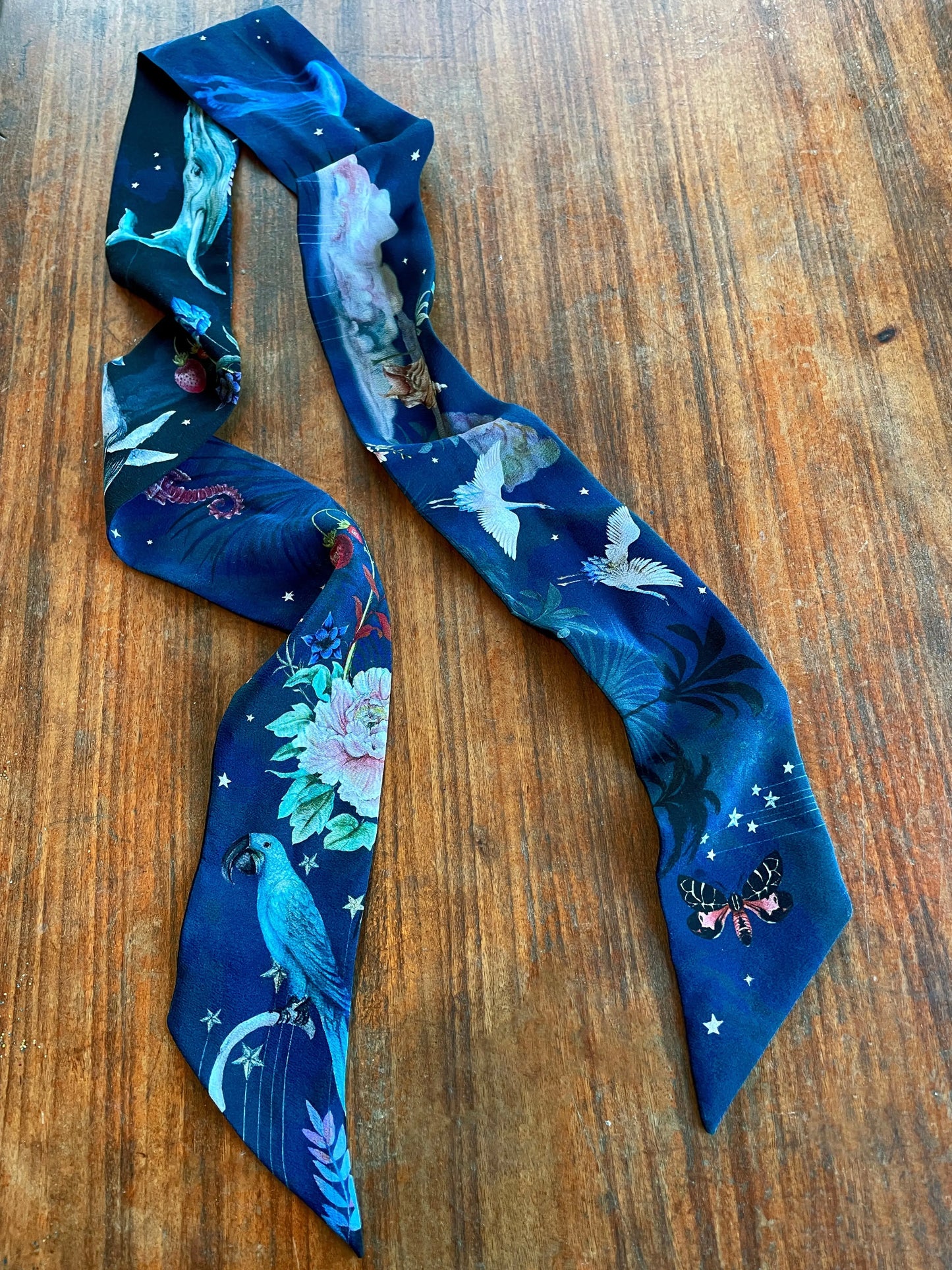 Navy 'Skinny' Silk scarf in the botanical  'Wonderous' Print, delicate, lightweight scarf accessory Alice Acreman Silks