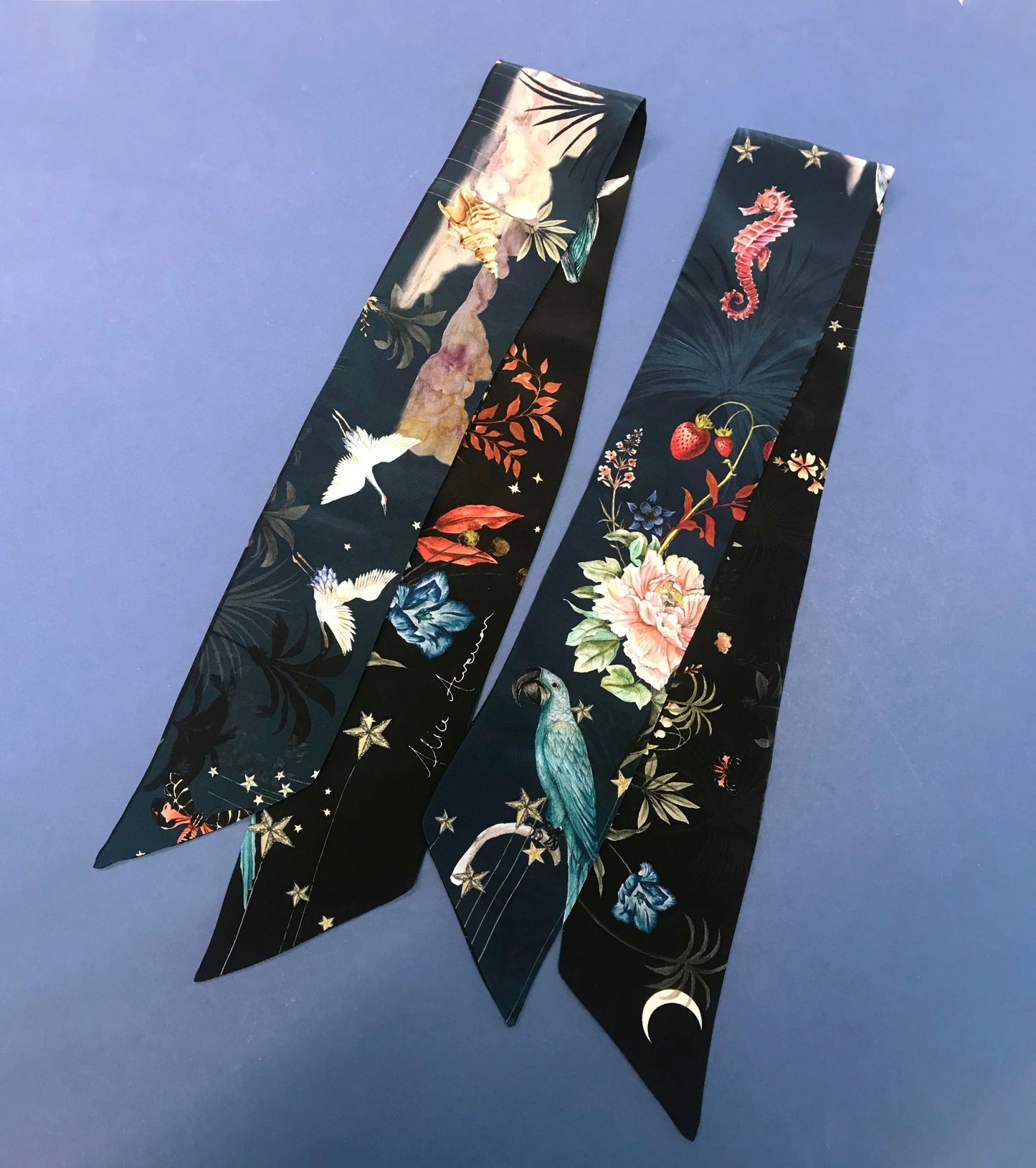 Navy 'Skinny' Silk scarf in the botanical  'Wonderous' Print, delicate, lightweight scarf accessory Alice Acreman Silks