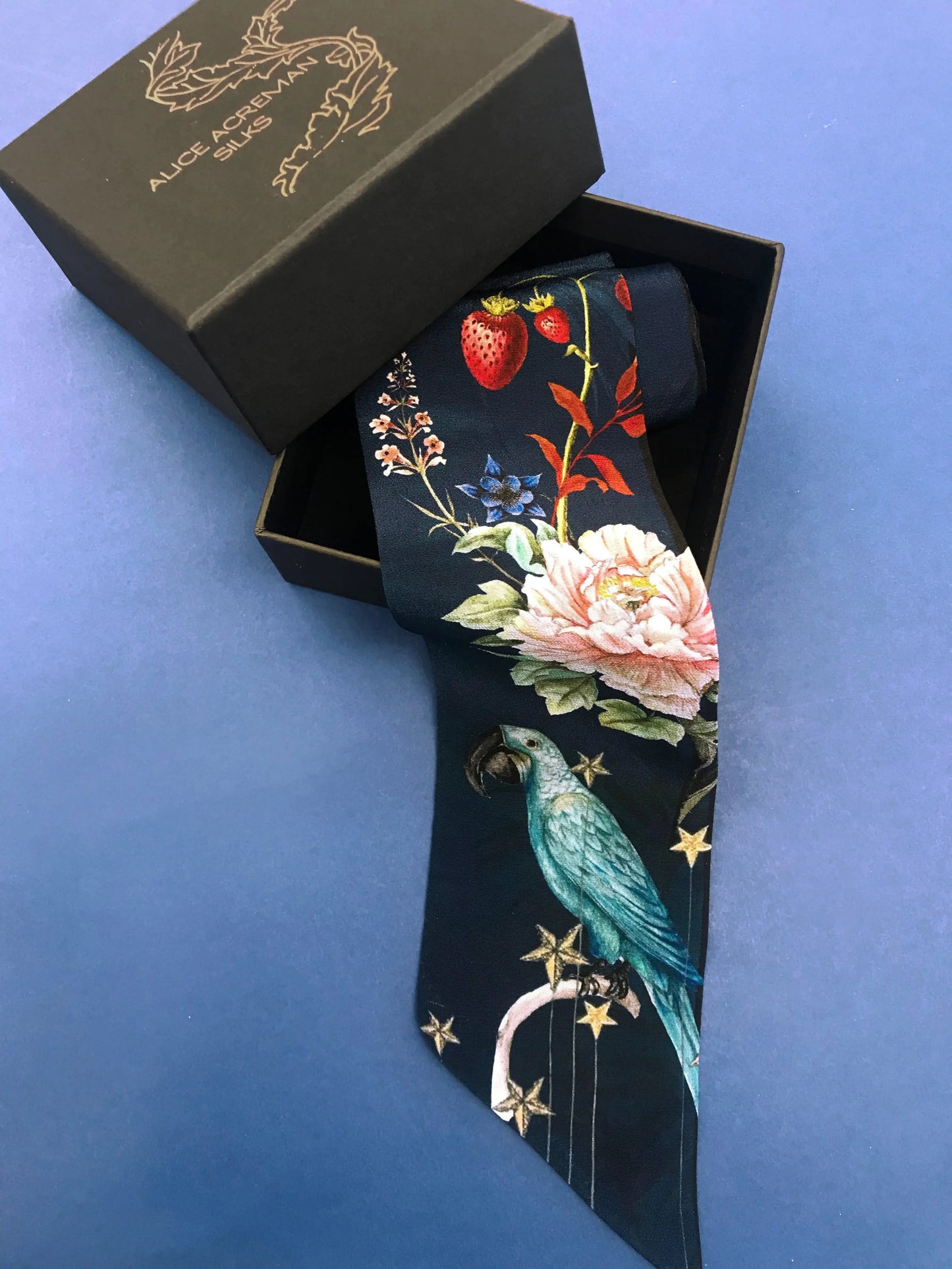 Navy 'Skinny' Silk scarf in the botanical  'Wonderous' Print, delicate, lightweight scarf accessory Alice Acreman Silks