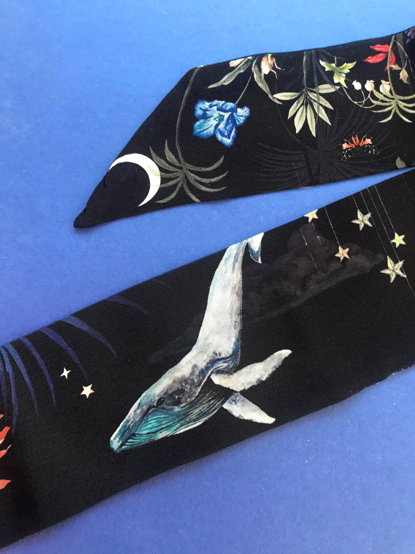 Navy 'Skinny' Silk scarf in the botanical  'Wonderous' Print, delicate, lightweight scarf accessory Alice Acreman Silks